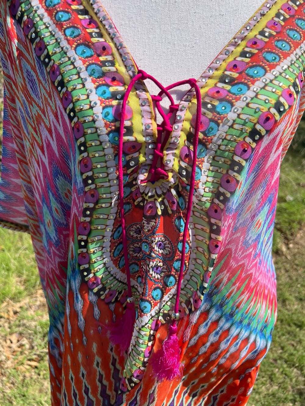 True Colours By La Moda Embellished Lace-Up Kaftan Dress - Picture 3 of 15